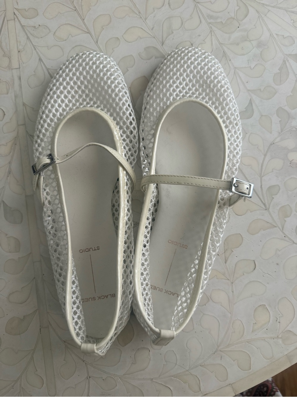 NWOT Black Suede Studio White Mesh Mary Jane Flats with Buckle Strap